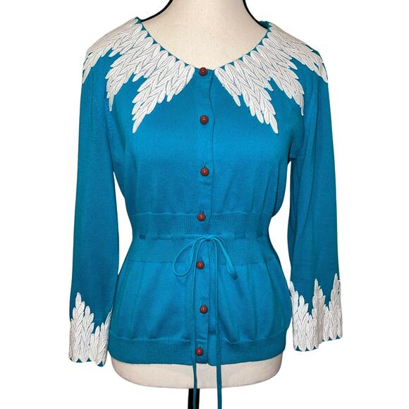 Anthropologie MOTH Wisteria Cardigan Sweater Teal Blue White Lace Trim Size M - Picture 1 of 11